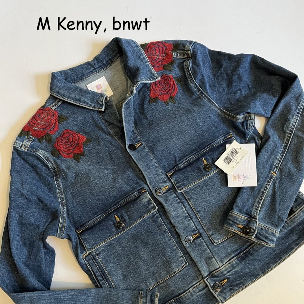 Medium Lularoe Kenny jean jacket, blue with red embroidered roses